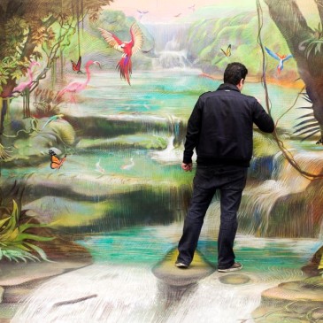 Man standing in a river. Birds, butterflies